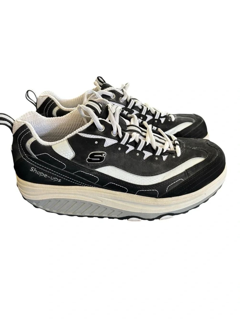 Sketchers Shape~Ups Fitness Sneaker Shoe Black White Suede Sz 9.5 Lace Up 11809